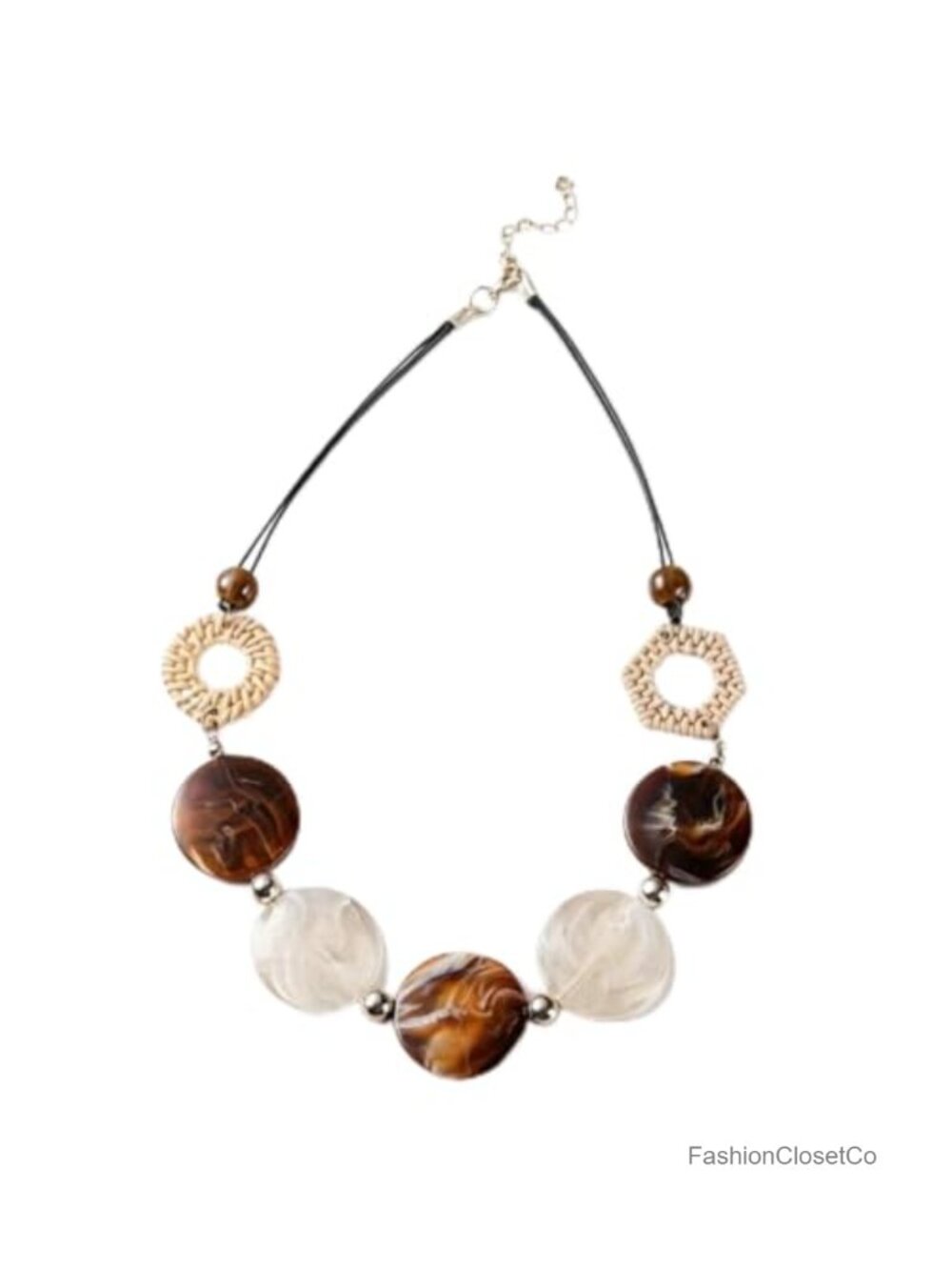 Boho Chunky Statement Necklace Rattan Pendant Round Disc Acrylic Alloy